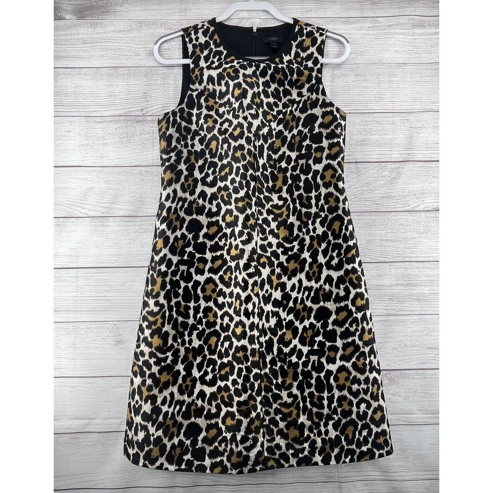 J Crew A-Line Leopard Shift Mini Dress Sz 4 Black Sleeveless Animal  Print Comfy
